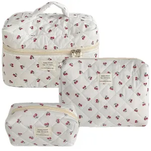 Cosmetic Bag Set of 3 Quilted Make Up Pouch Set Red cherry Make Up Bag Cute Cotton Travel Toiletry Bag for Women Girls (D)