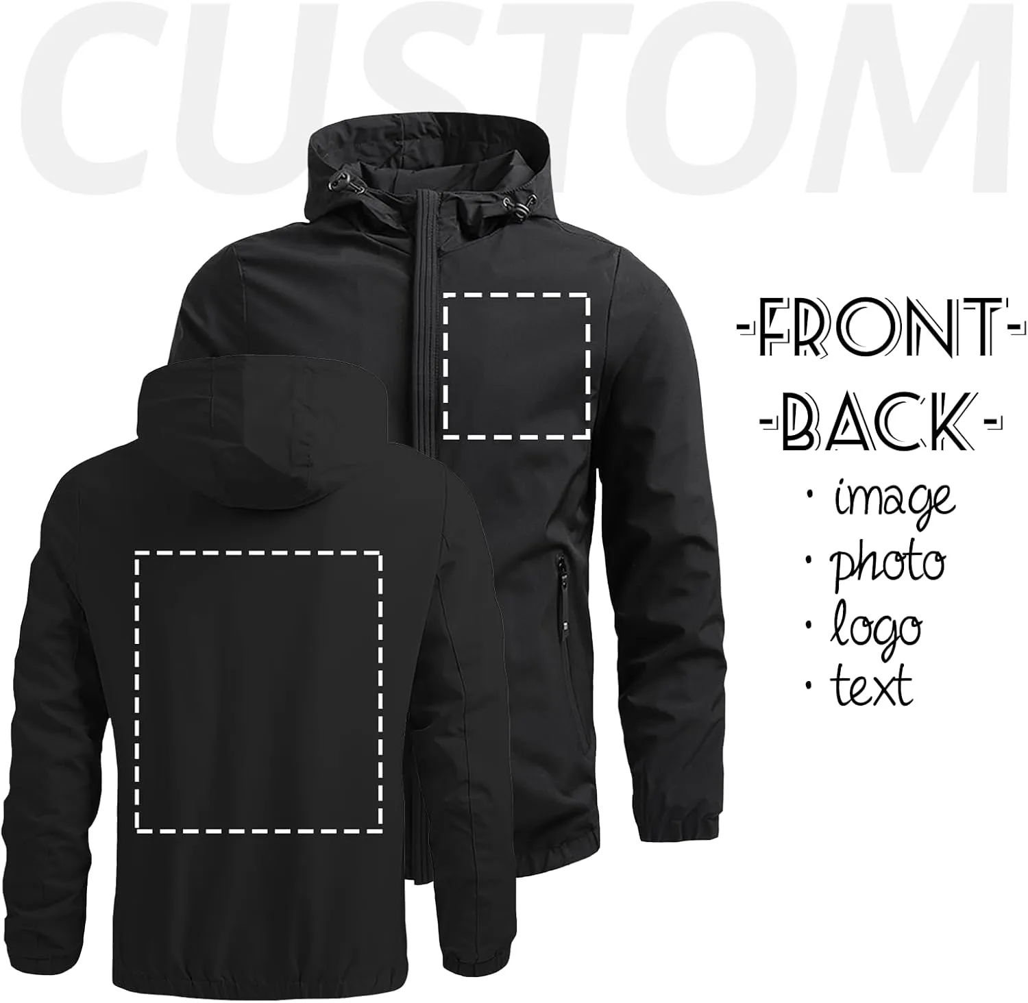 Custom Jacket for Men Lightweight Windbreaker Jacket Personalized Logo Text Zip Up Hooded Coat
