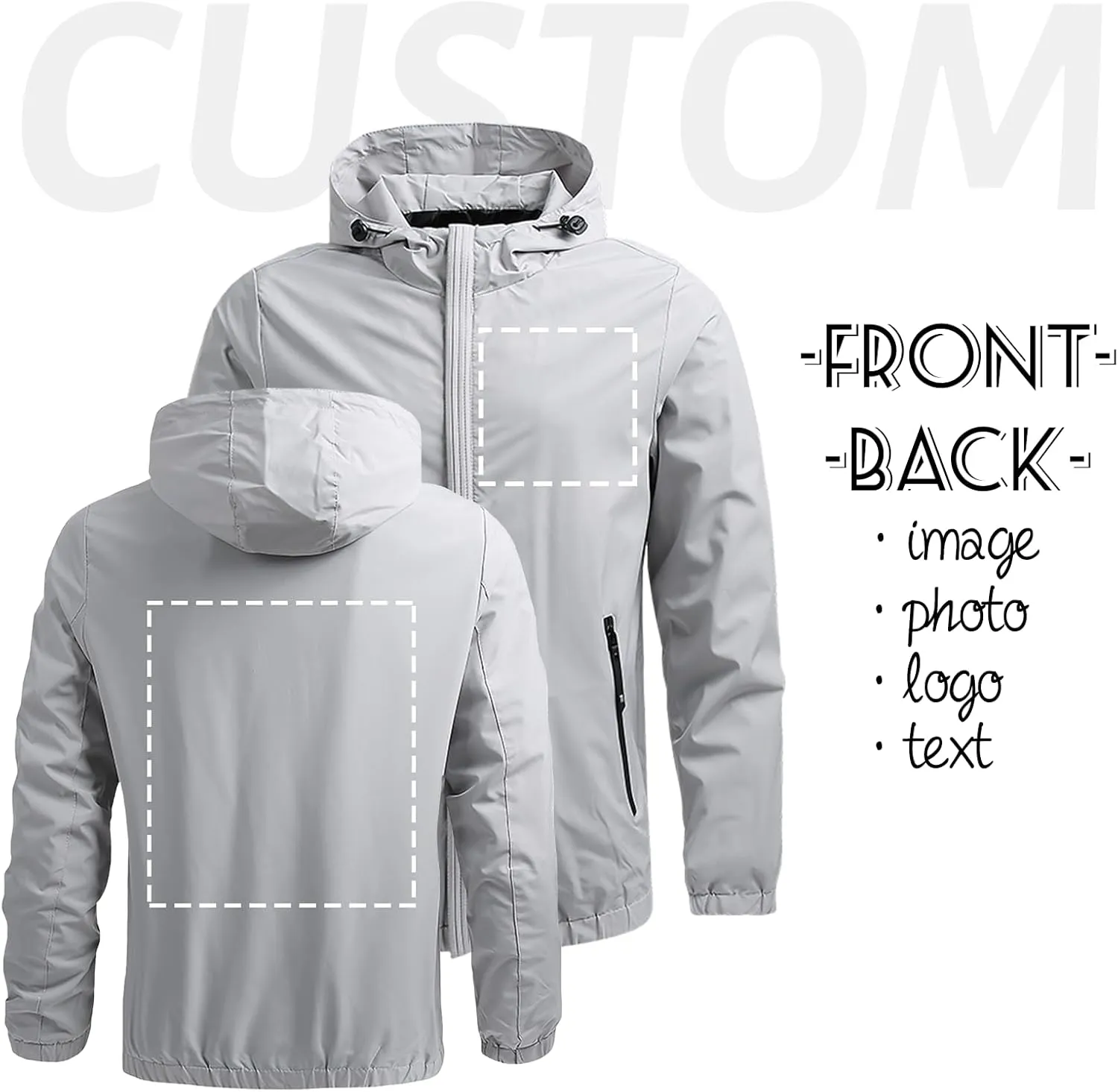 Custom Jacket for Men Lightweight Windbreaker Jacket Personalized Logo Text Zip Up Hooded Coat