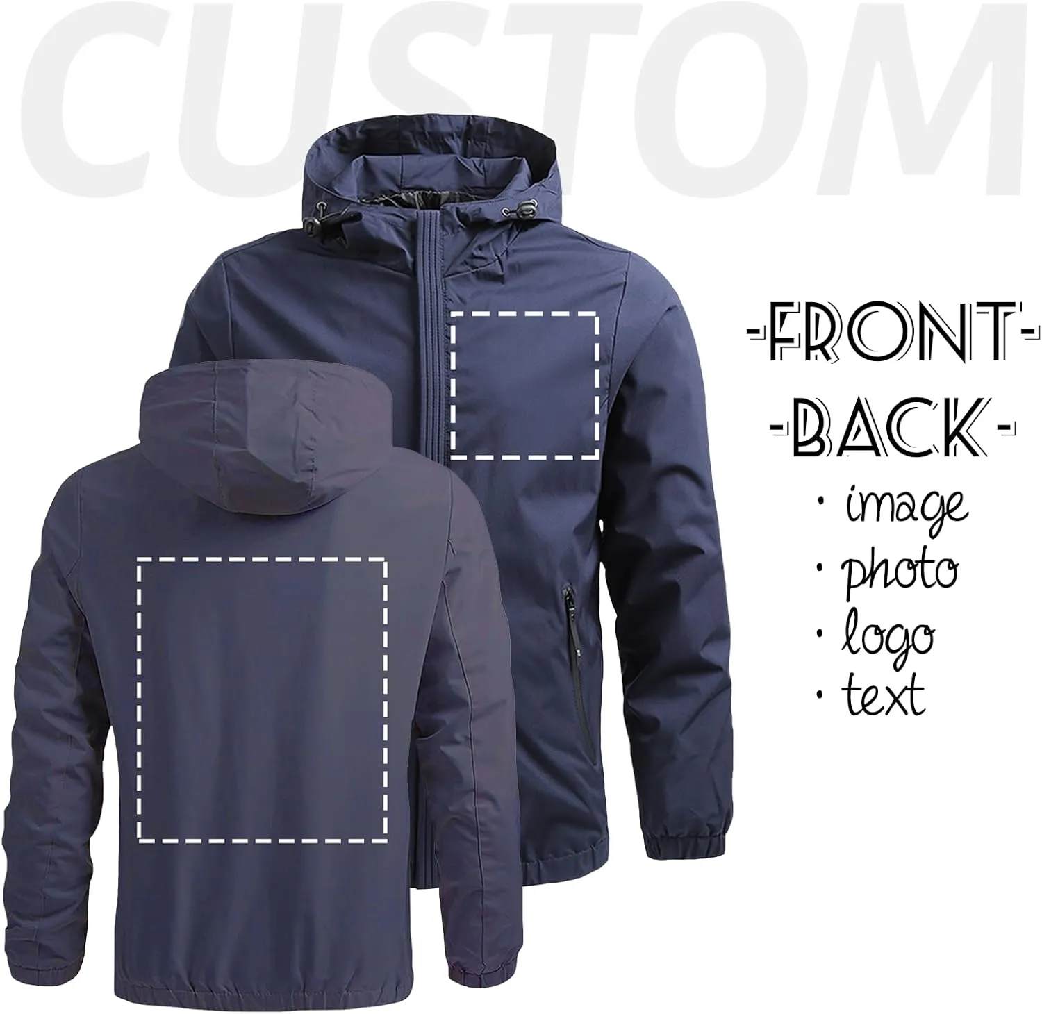 Custom Jacket for Men Lightweight Windbreaker Jacket Personalized Logo Text Zip Up Hooded Coat