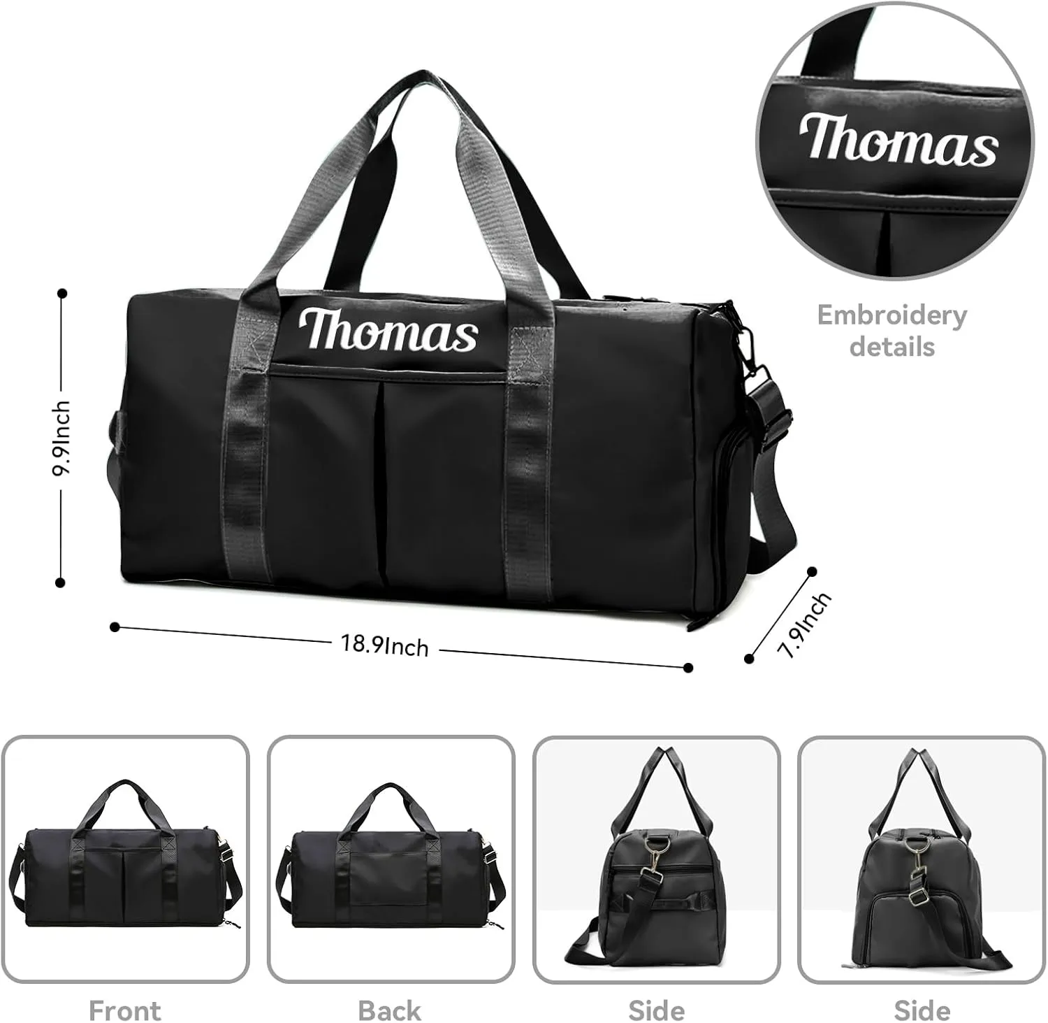 Custom Travel Duffel Bag Personalized Duffle Bag with Embroidery Name, Gym Bag Dry/Wet Bag with Shoe Compartment for Women Men Sports Tote Bags for Dance Gym Weekender Overnight-Black