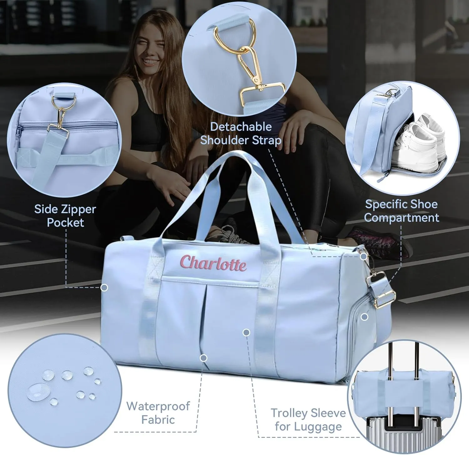 Custom Travel Duffel Bag Personalized Duffle Bag with Embroidery Name, Gym Bag Dry/Wet Bag with Shoe Compartment for Women Men Sports Tote Bags for Dance Gym Weekender Overnight-Blue