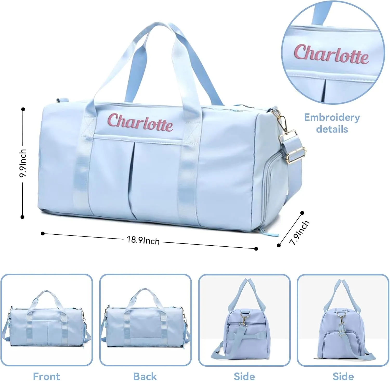 Custom Travel Duffel Bag Personalized Duffle Bag with Embroidery Name, Gym Bag Dry/Wet Bag with Shoe Compartment for Women Men Sports Tote Bags for Dance Gym Weekender Overnight-Blue