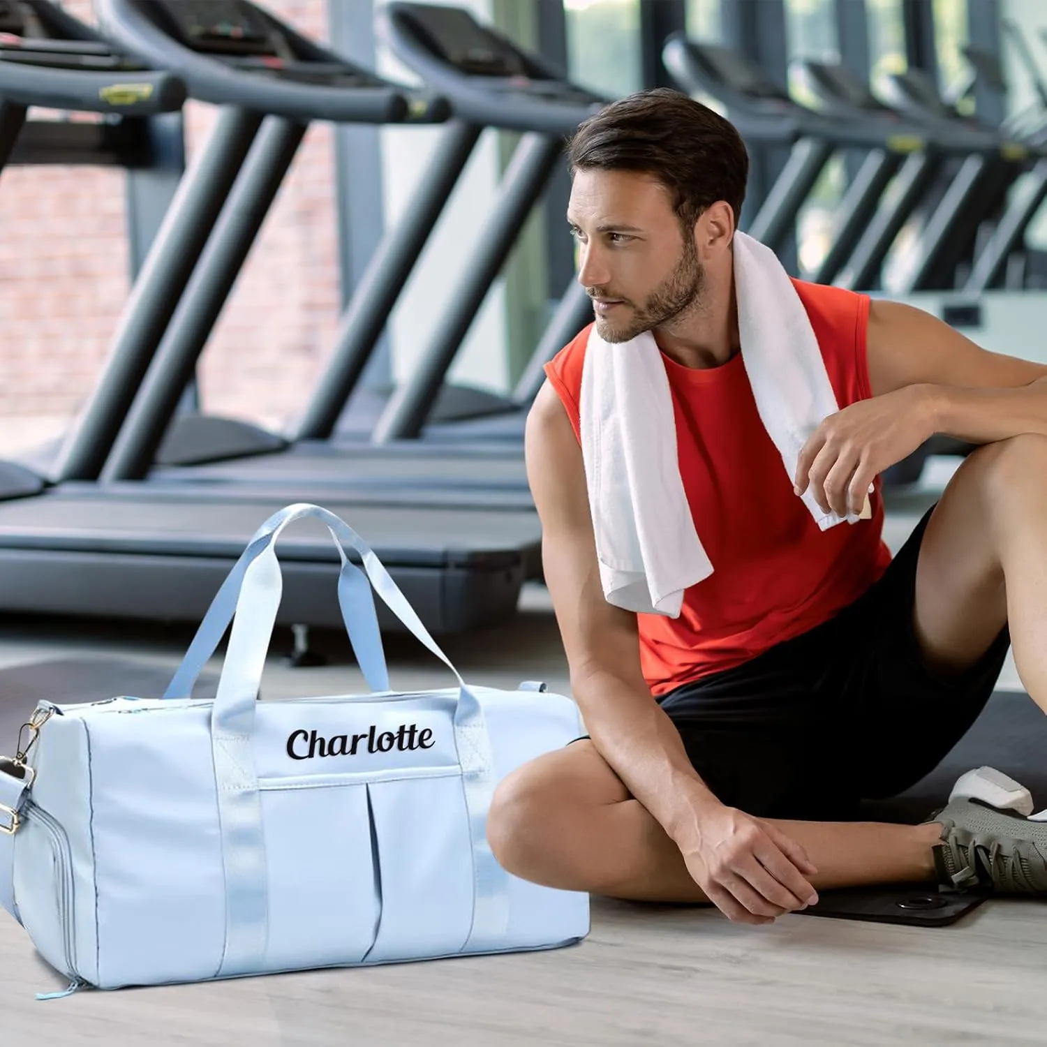 Custom Travel Duffel Bag Personalized Duffle Bag with Embroidery Name, Gym Bag Dry/Wet Bag with Shoe Compartment for Women Men Sports Tote Bags for Dance Gym Weekender Overnight-Blue