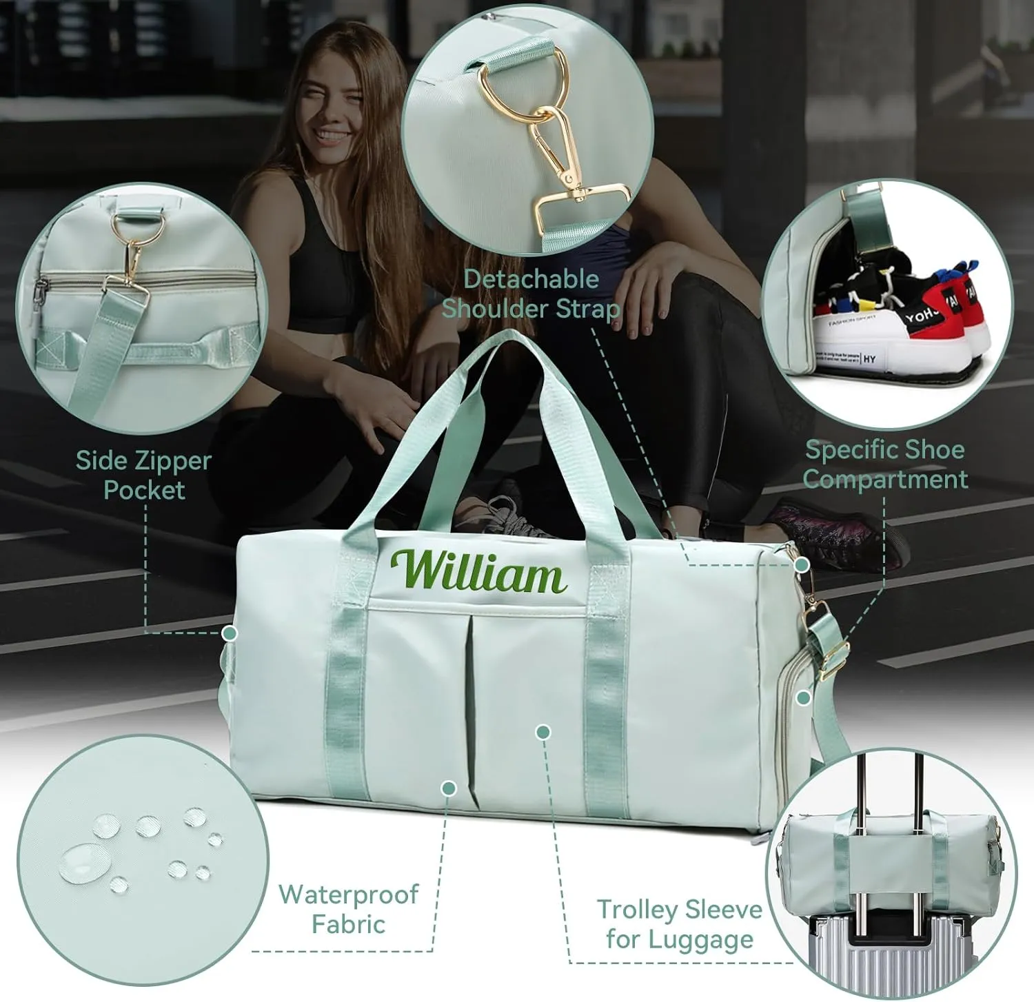 Custom Travel Duffel Bag Personalized Duffle Bag with Embroidery Name, Gym Bag Dry/Wet Bag with Shoe Compartment for Women Men Sports Tote Bags for Dance Gym Weekender Overnight-Green