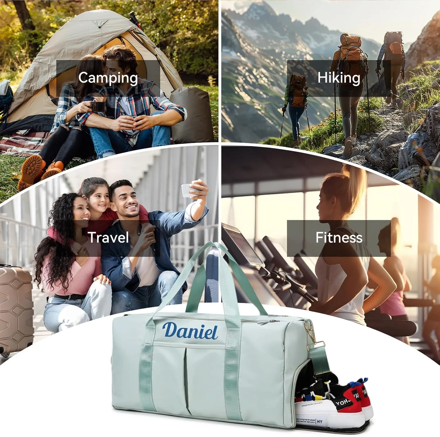 Custom Travel Duffel Bag Personalized Duffle Bag with Embroidery Name, Gym Bag Dry/Wet Bag with Shoe Compartment for Women Men Sports Tote Bags for Dance Gym Weekender Overnight-Grey