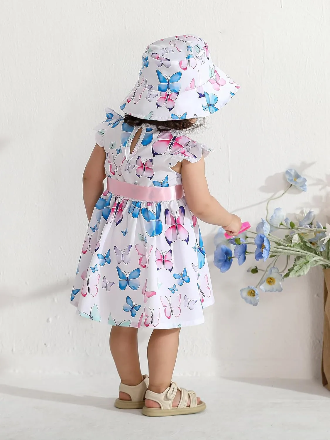 Derouetkia Infant Baby Girl Dress Summer Halter Sleeveless Flower Dresses Toddler Beach Sundress with Hat