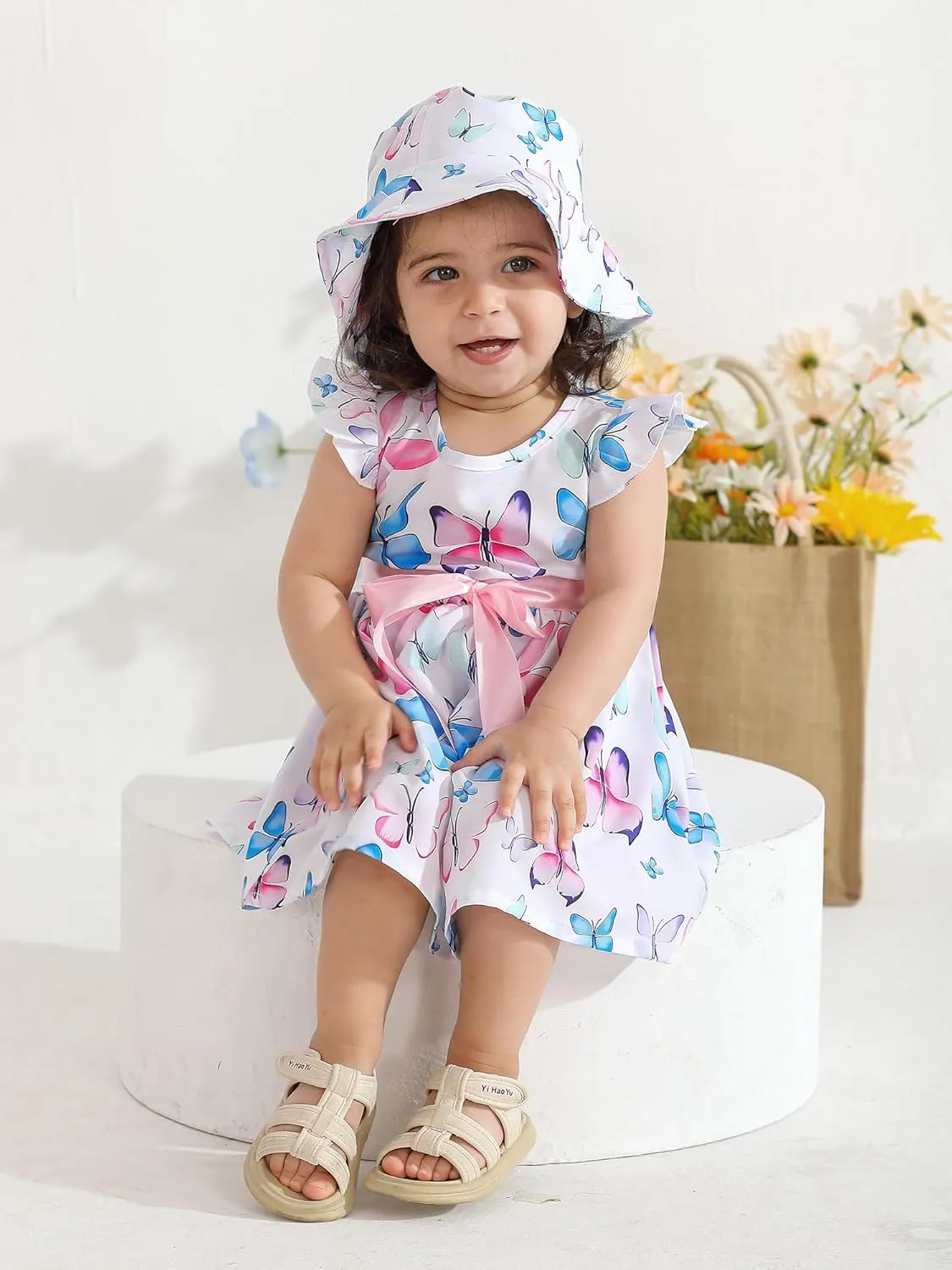 Derouetkia Infant Baby Girl Dress Summer Halter Sleeveless Flower Dresses Toddler Beach Sundress with Hat