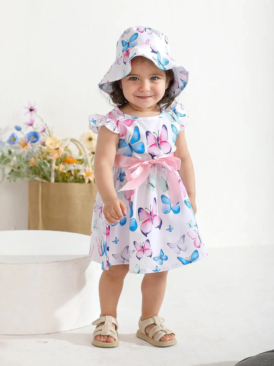 Derouetkia Infant Baby Girl Dress Summer Halter Sleeveless Flower Dresses Toddler Beach Sundress with Hat