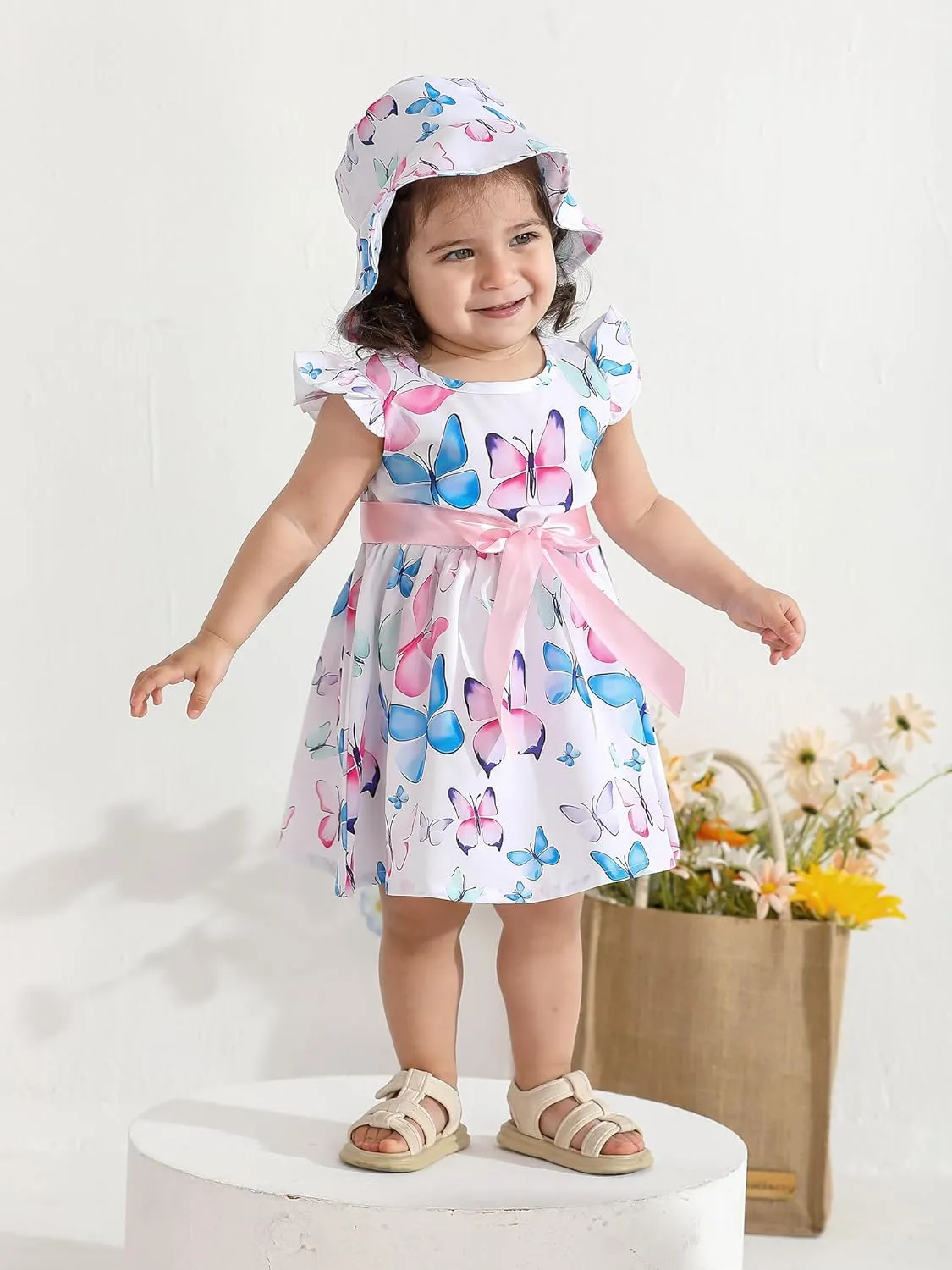 Derouetkia Infant Baby Girl Dress Summer Halter Sleeveless Flower Dresses Toddler Beach Sundress with Hat