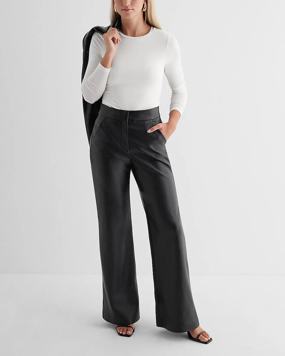 Editor High Waisted Faux Leather Trouser Flare Pant in Pitch Black