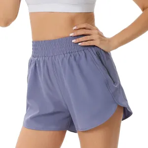 Elastic High Waisted Quick Dry Running Shorts for Women Athletic Workout Gym Dolphin Shorts with Zipper Pockets