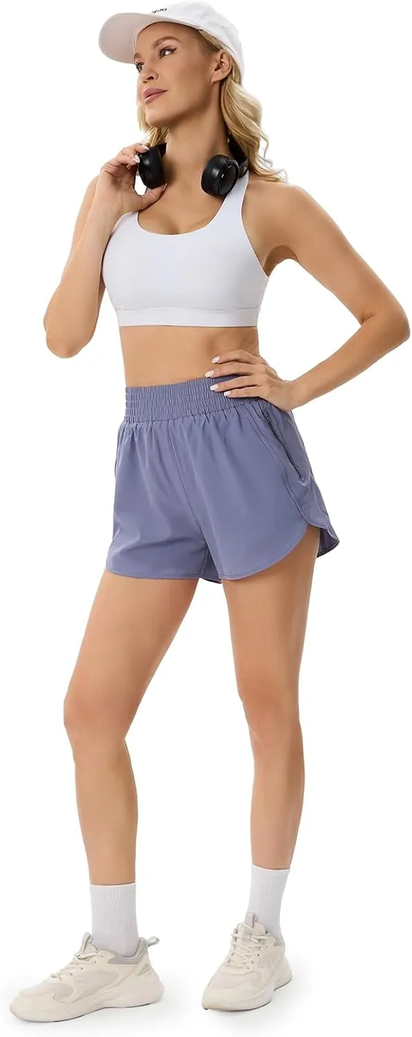 Elastic High Waisted Quick Dry Running Shorts for Women Athletic Workout Gym Dolphin Shorts with Zipper Pockets