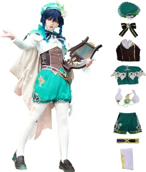 GenshinImpact Venti Cosplay Outfits Women Venti Dress Cloak Cape Suit Hat Full Set Halloween