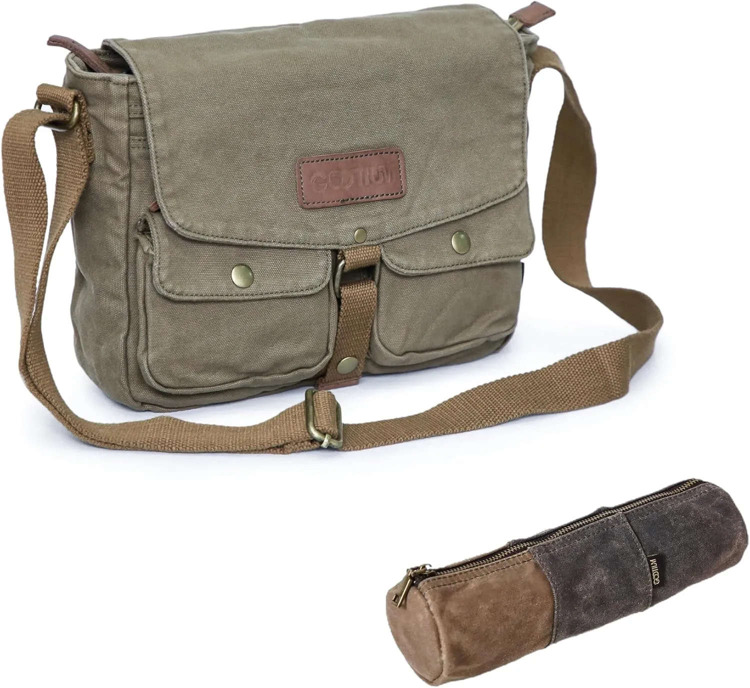 Gootium Vintage Canvas Messenger Bag & Waxed Pencil Pouch Set