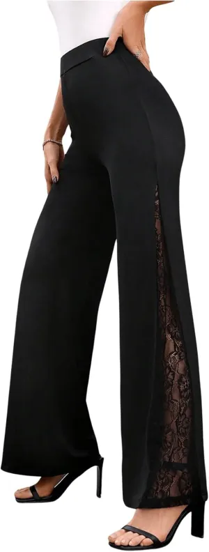 GORGLITTER Women's Floral Lace Side Skinny Bell Pants Bottom Elastic High Waist Flare Leg Trousers