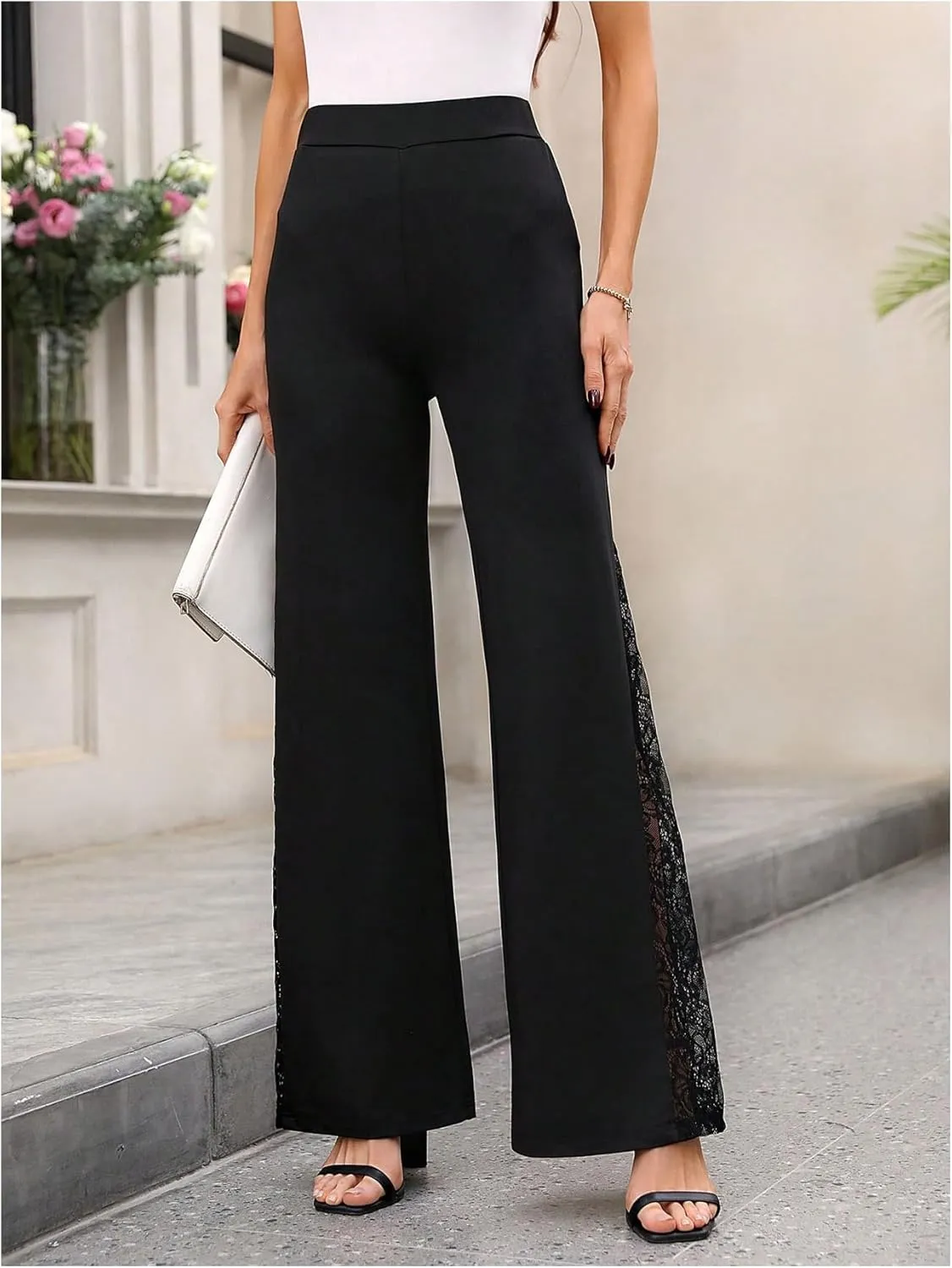 GORGLITTER Women's Floral Lace Side Skinny Bell Pants Bottom Elastic High Waist Flare Leg Trousers