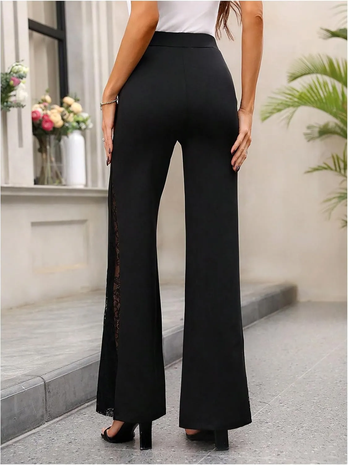 GORGLITTER Women's Floral Lace Side Skinny Bell Pants Bottom Elastic High Waist Flare Leg Trousers