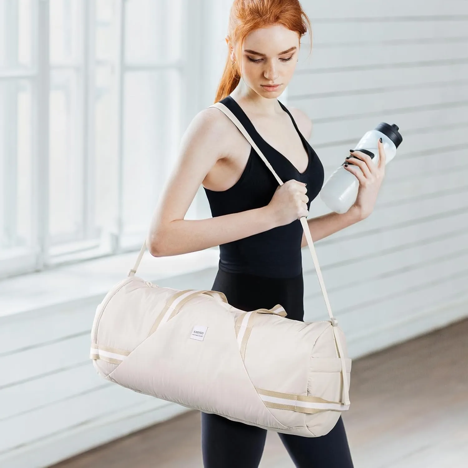 Gym Bag for Men Women,35L Small Fitness Workout Sports Bag with Wet Pocket & Shoe Compartment, Water Resistant Overnight Weekender Duffel(Beige)