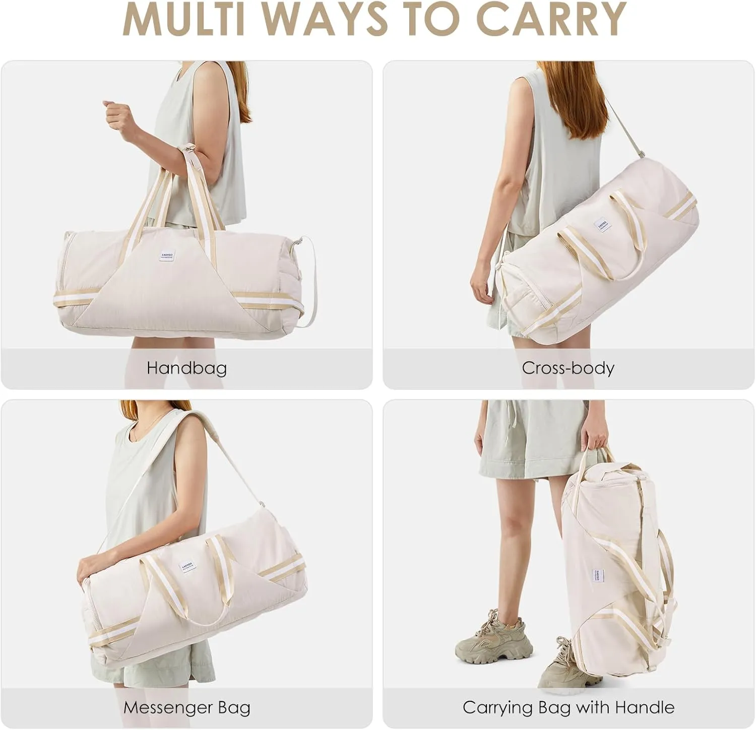 Gym Bag for Men Women,35L Small Fitness Workout Sports Bag with Wet Pocket & Shoe Compartment, Water Resistant Overnight Weekender Duffel(Beige)