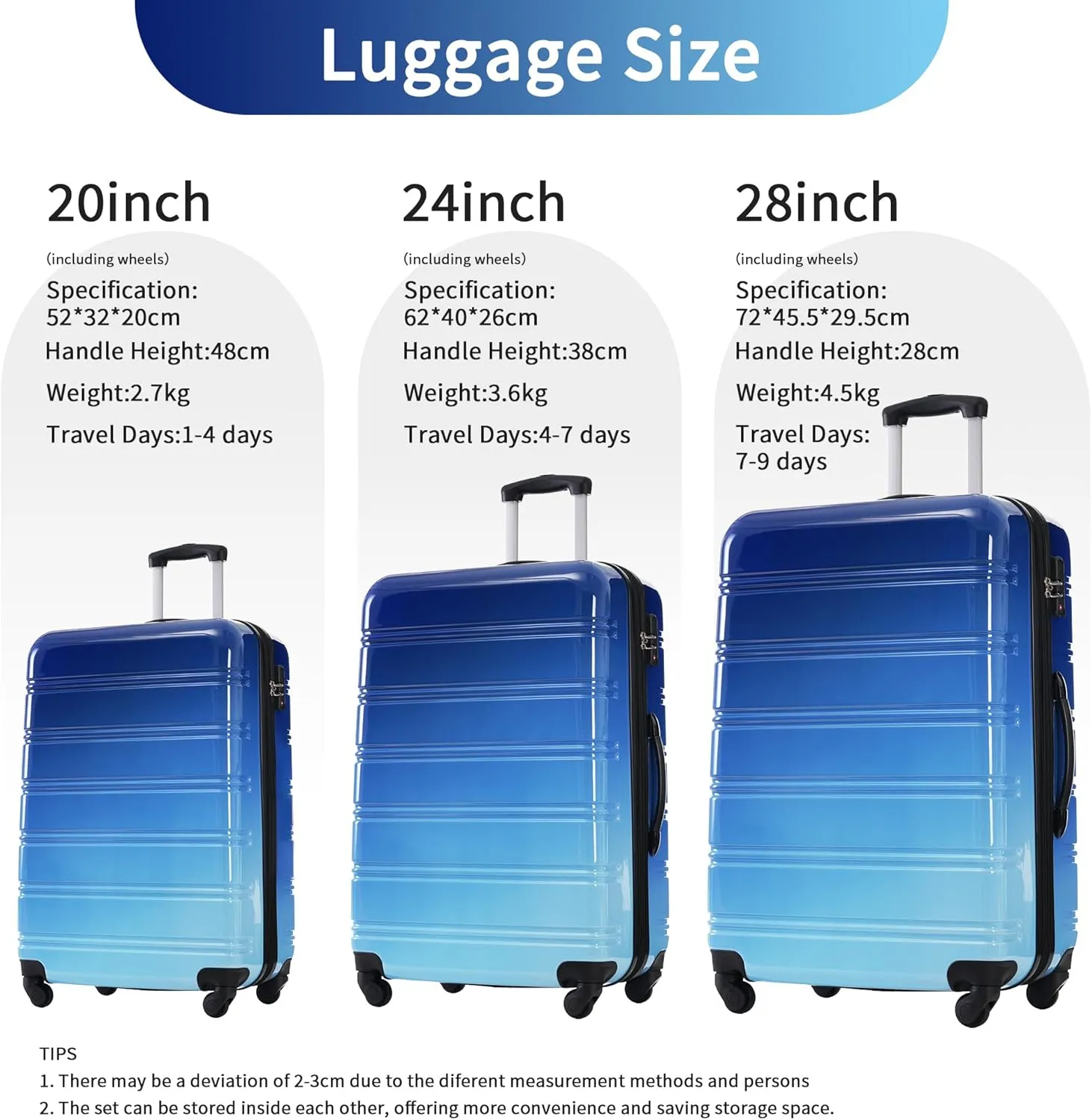 Hardshell Luggage Sets 3 pcs Spinner Suitcase with TSA Lock Spinner Wheel Suitcases Lightweight-20 24" 28" Luggages (Blue Multi)