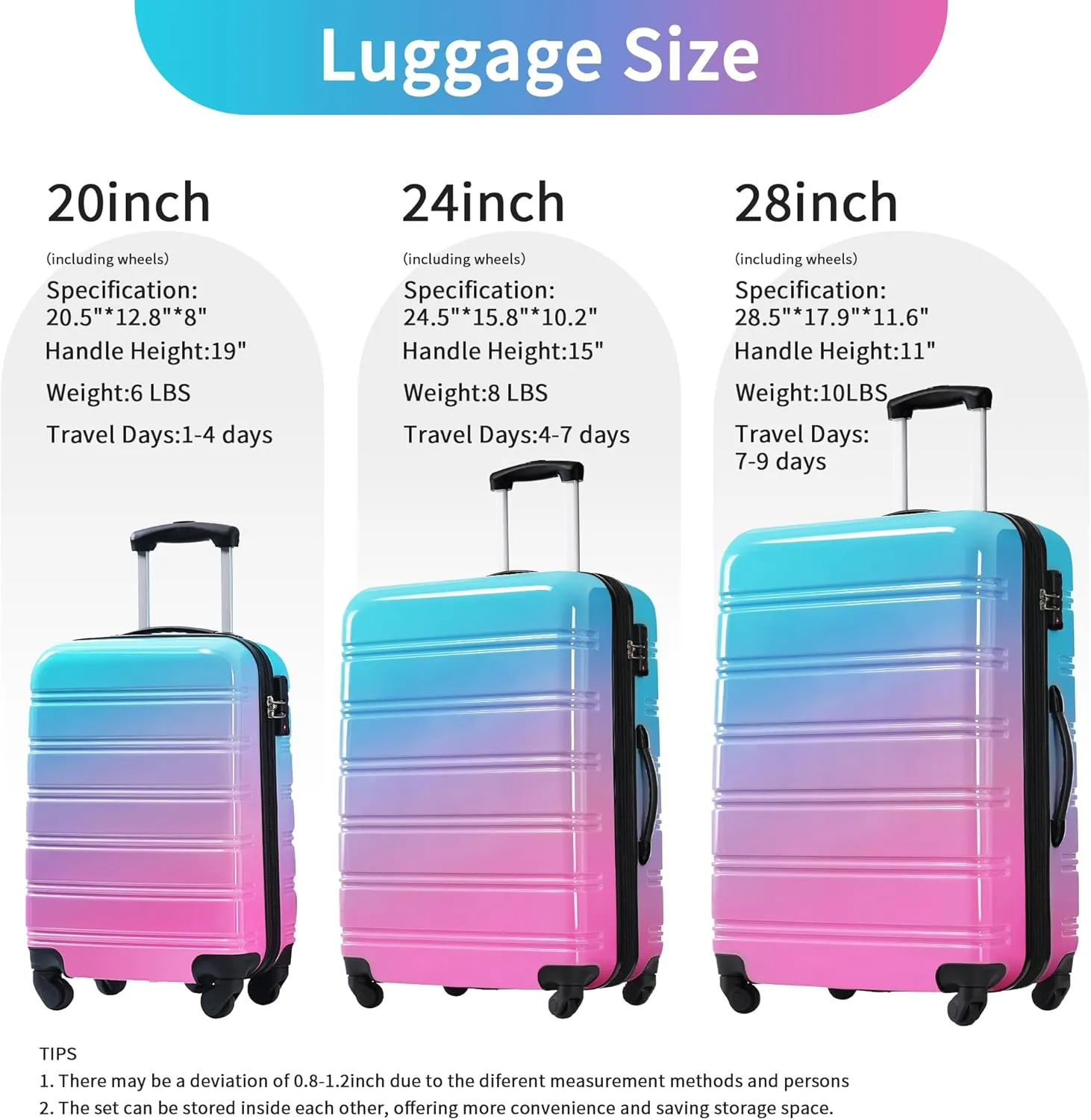 Hardshell Luggage Sets 3 pcs Spinner Suitcase with TSA Lock Spinner Wheel Suitcases Lightweight-20 24" 28" Luggages (Blue Red)