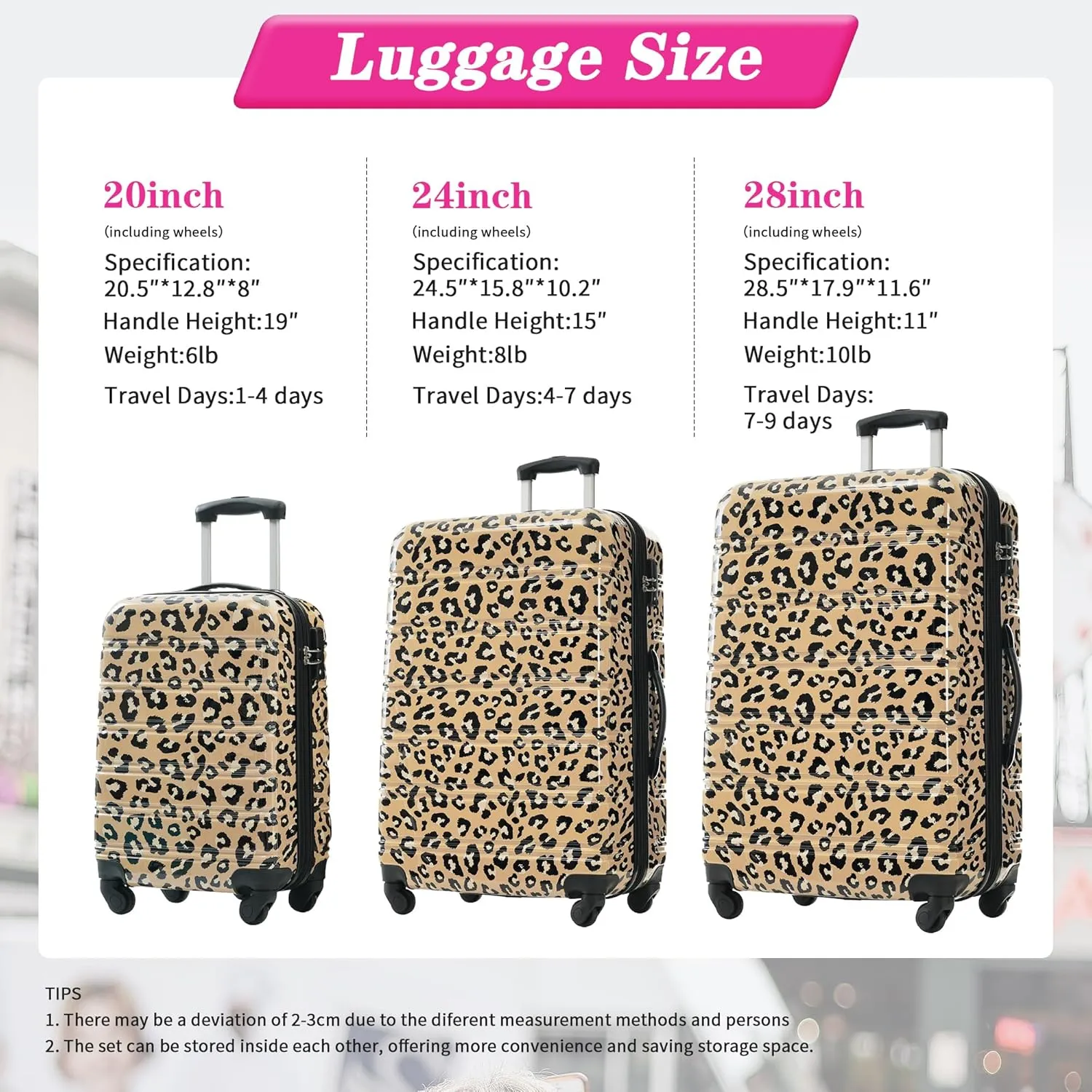 Hardshell Luggage Sets 3 pcs Spinner Suitcase with TSA Lock Spinner Wheel Suitcases Lightweight-20 24" 28" Luggages (Brown Leopard)