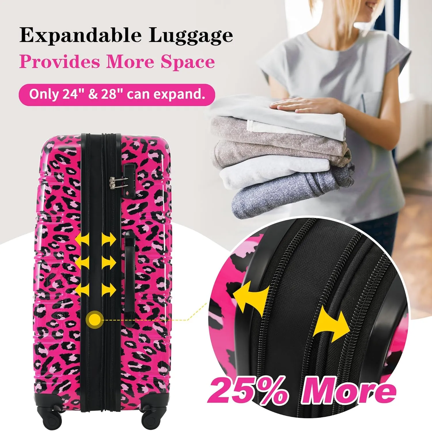 Hardshell Luggage Sets 3 pcs Spinner Suitcase with TSA Lock Spinner Wheel Suitcases Lightweight-20 24" 28" Luggages (Hot Pink Leopard)