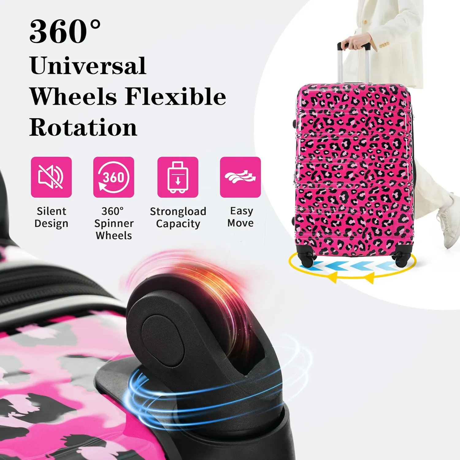 Hardshell Luggage Sets 3 pcs Spinner Suitcase with TSA Lock Spinner Wheel Suitcases Lightweight-20 24" 28" Luggages (Hot Pink Leopard)