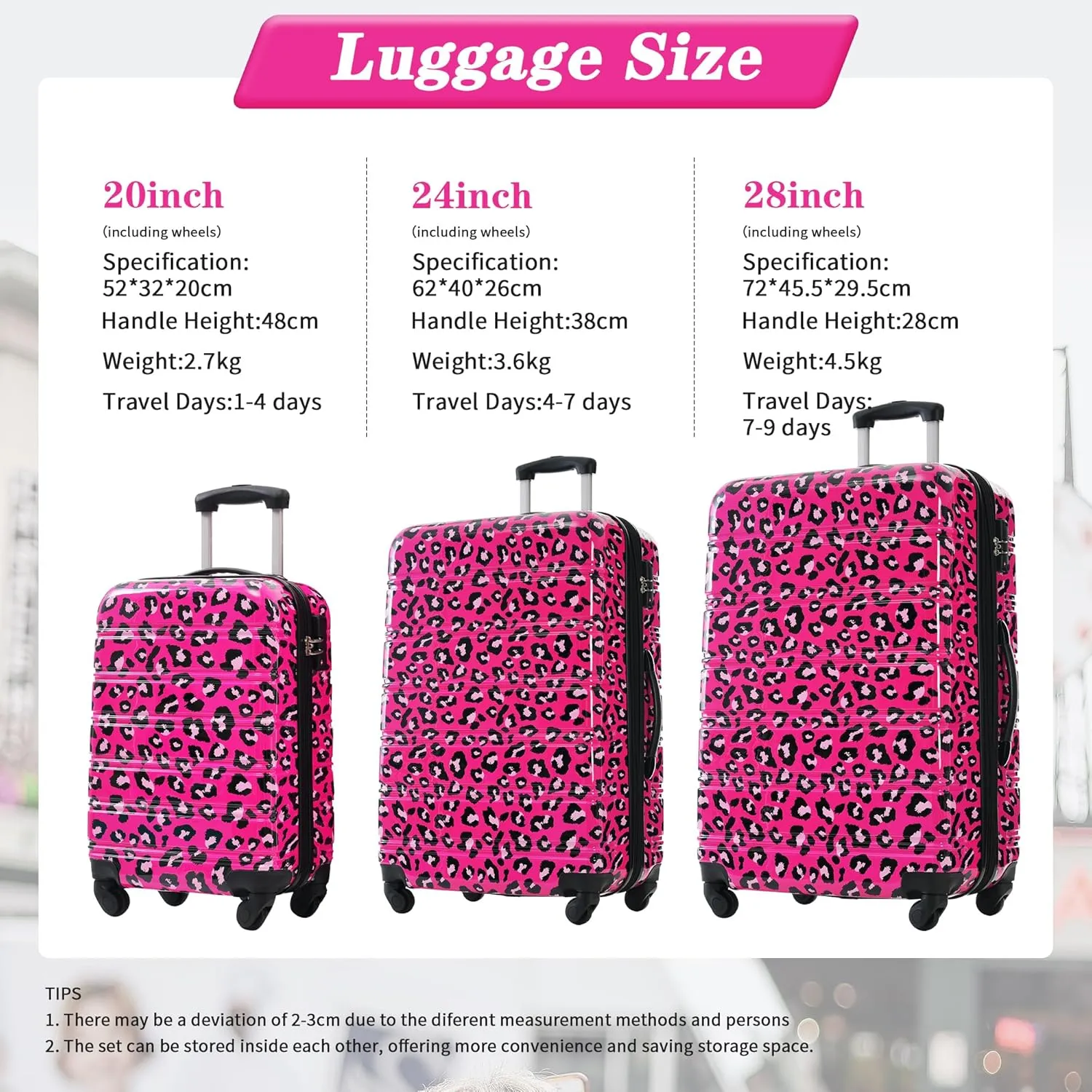 Hardshell Luggage Sets 3 pcs Spinner Suitcase with TSA Lock Spinner Wheel Suitcases Lightweight-20 24" 28" Luggages (Hot Pink Leopard)