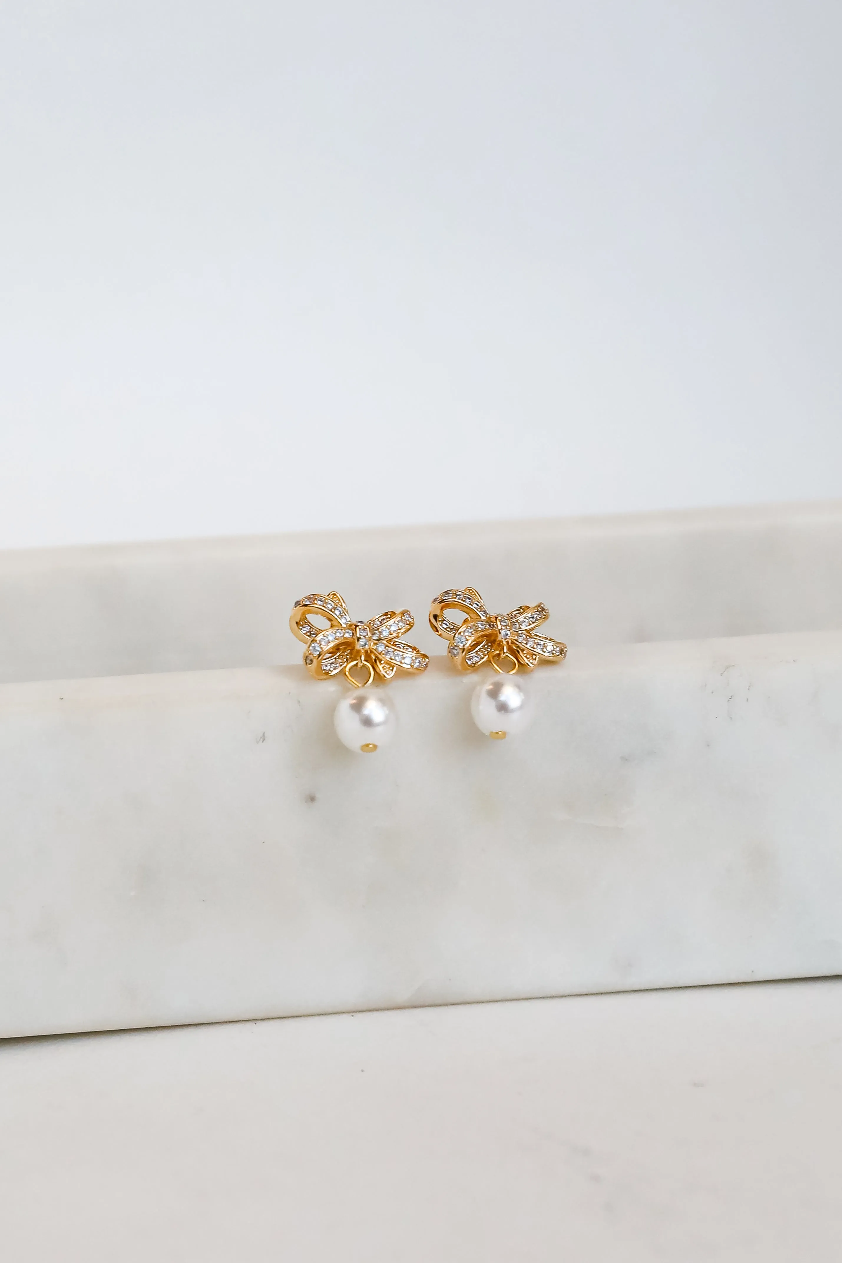 Harlow Gold Rhinestone Pearl Bow Earrings