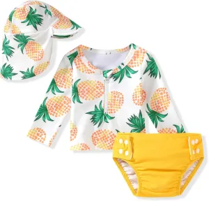HINTINA Newborn Baby Girl Long Sleeve 2-Pieces Swimsuit Bathing Suit with Hat