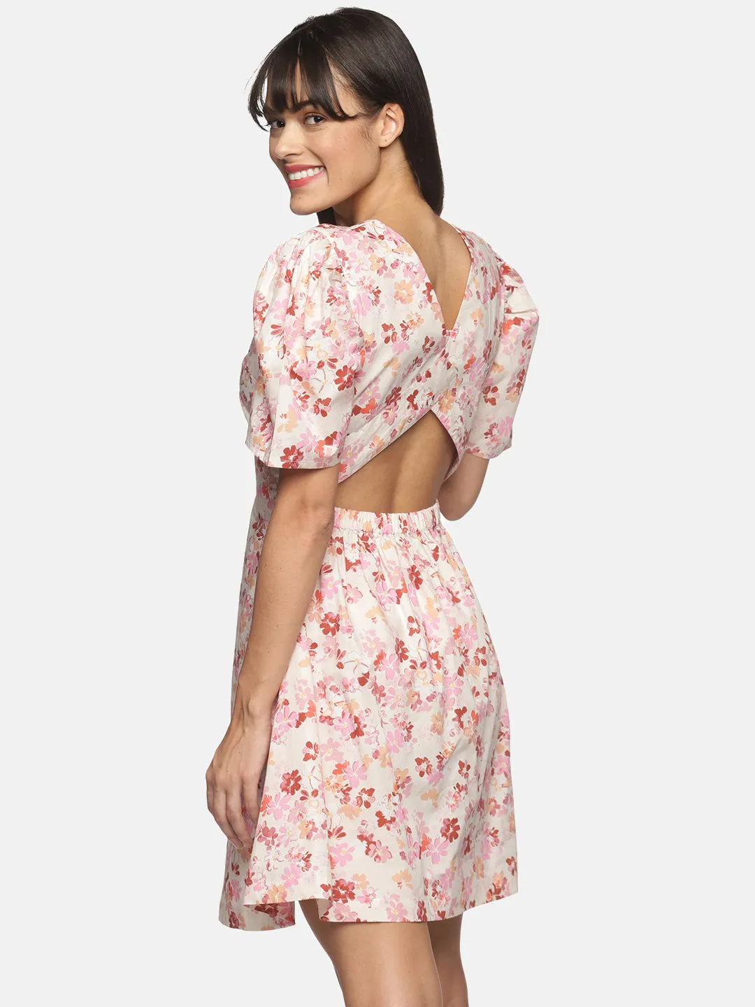 IS.U Pleasted puff sleeve flair short dress