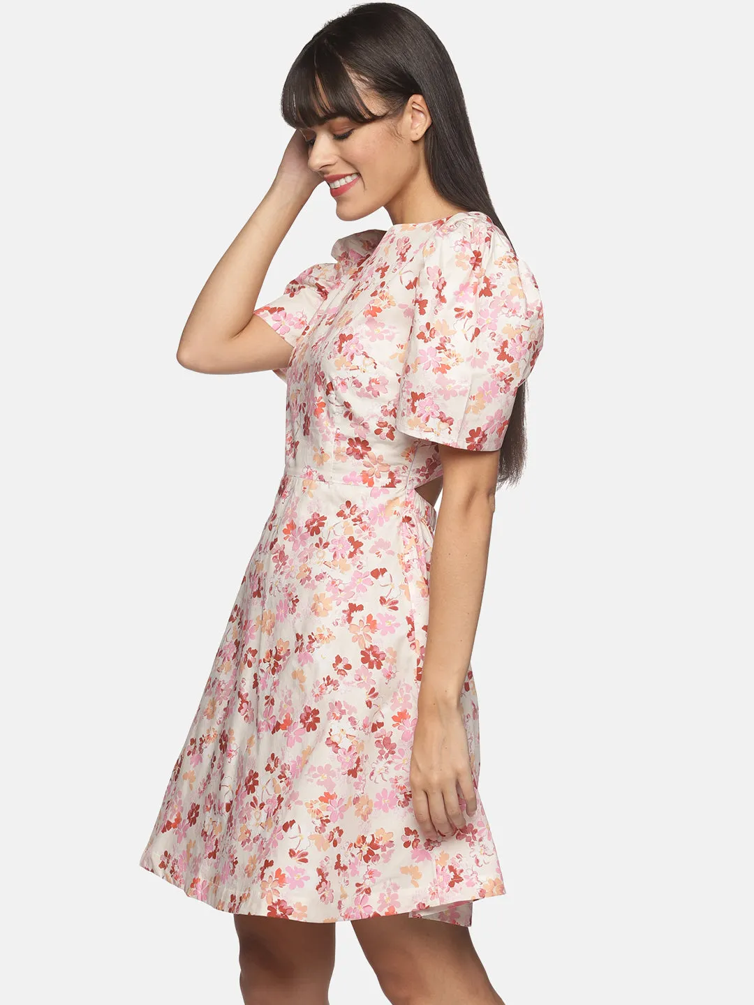 IS.U Pleasted puff sleeve flair short dress