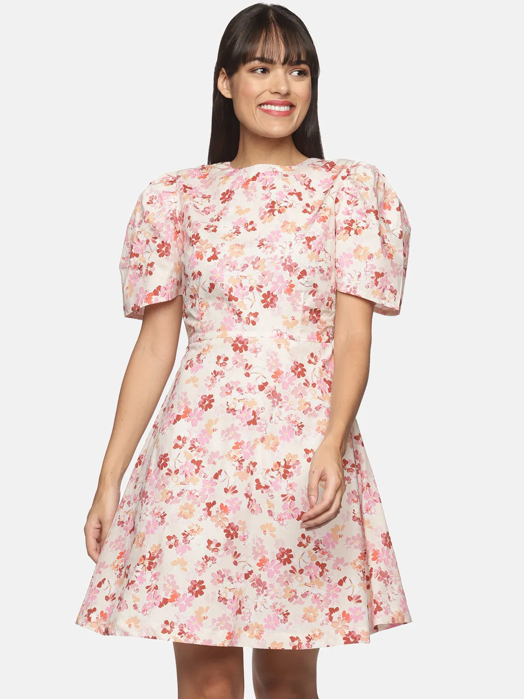 IS.U Pleasted puff sleeve flair short dress