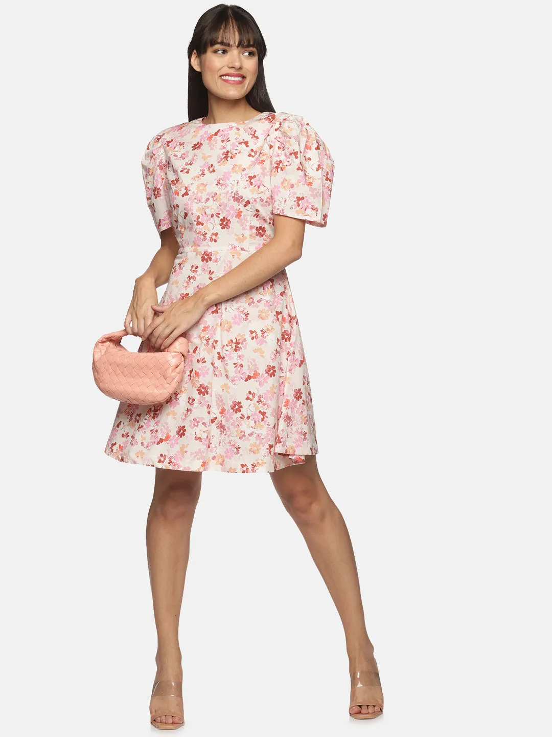 IS.U Pleasted puff sleeve flair short dress