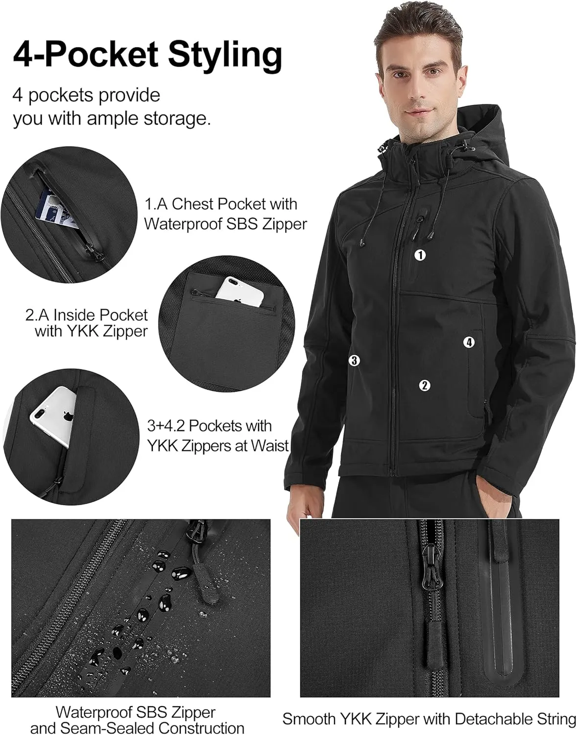 KUTOOK Men's Fleece Jacket Hiking Running Jackets Softshell Hooded Windbreaker Coat Windproof Water Resistant Outdoor