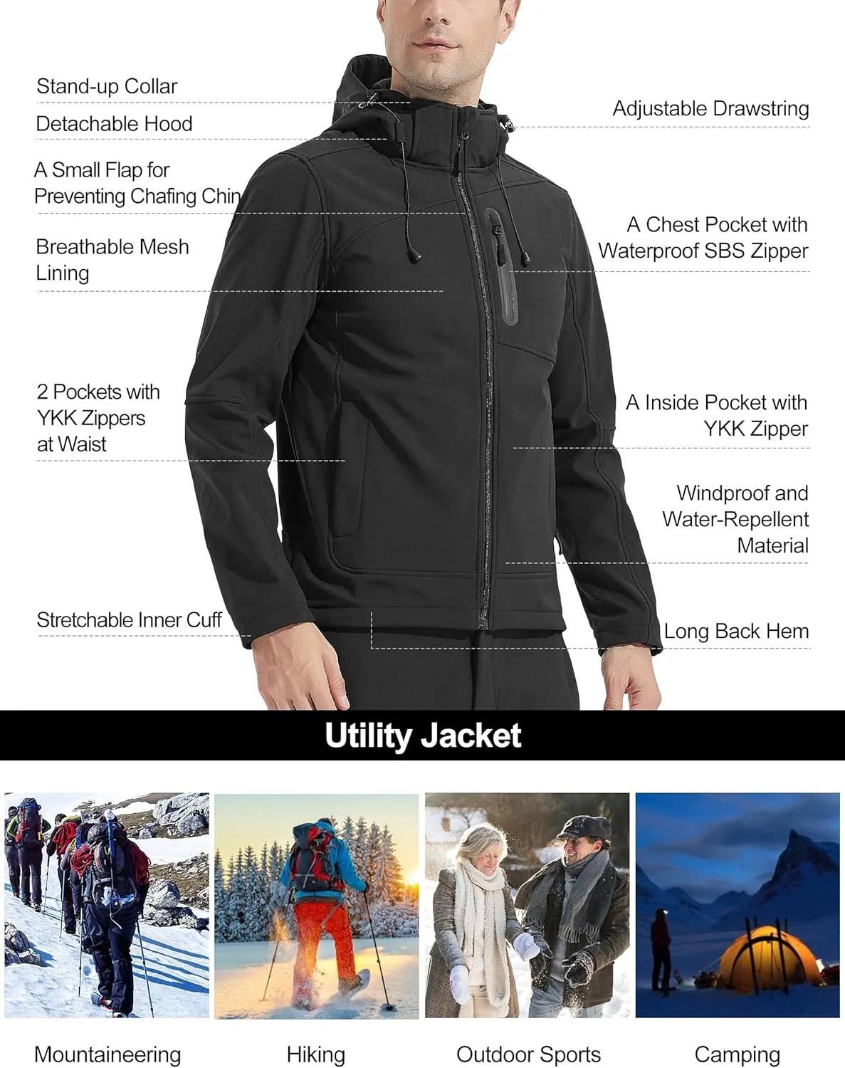 KUTOOK Men's Fleece Jacket Hiking Running Jackets Softshell Hooded Windbreaker Coat Windproof Water Resistant Outdoor
