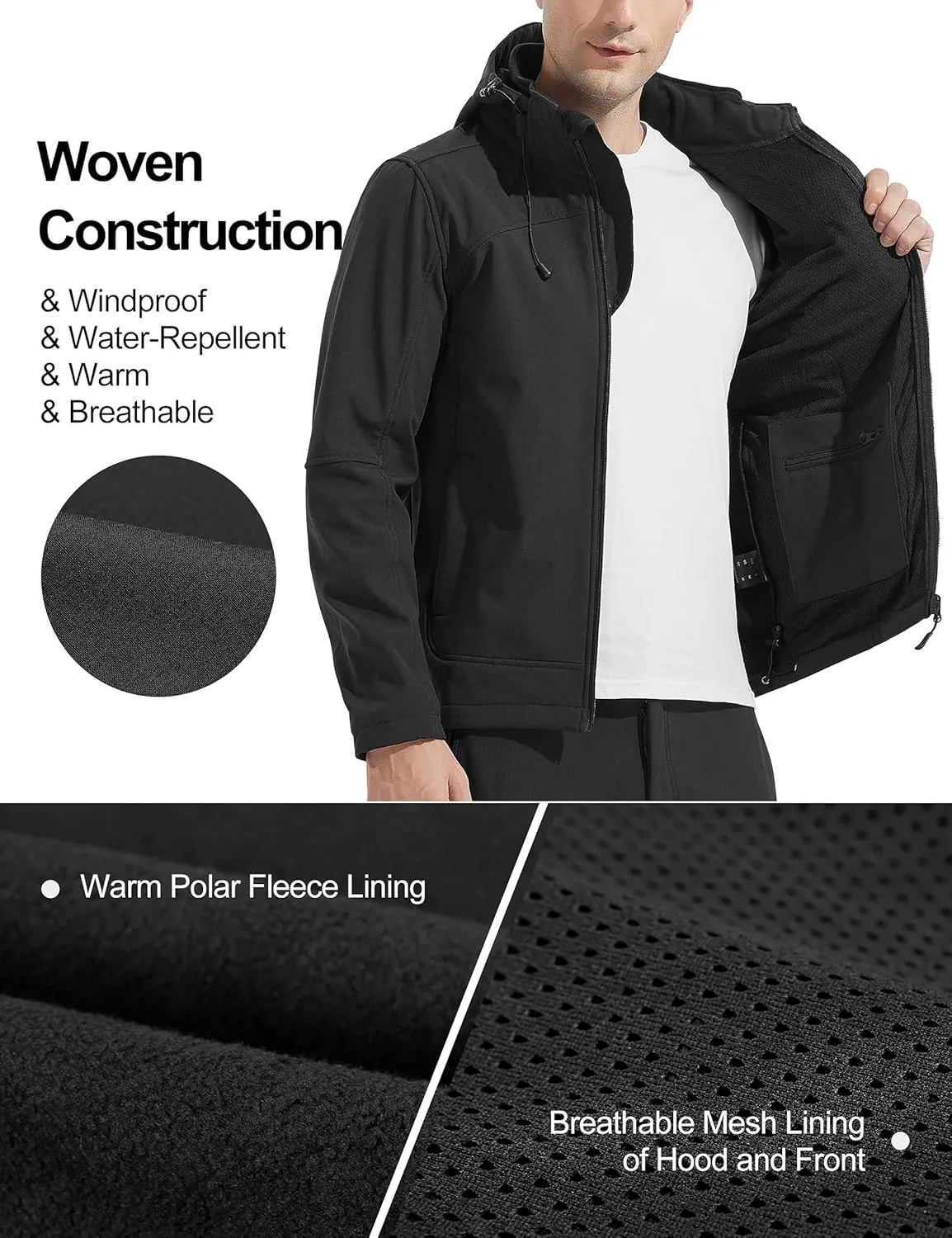 KUTOOK Men's Fleece Jacket Hiking Running Jackets Softshell Hooded Windbreaker Coat Windproof Water Resistant Outdoor