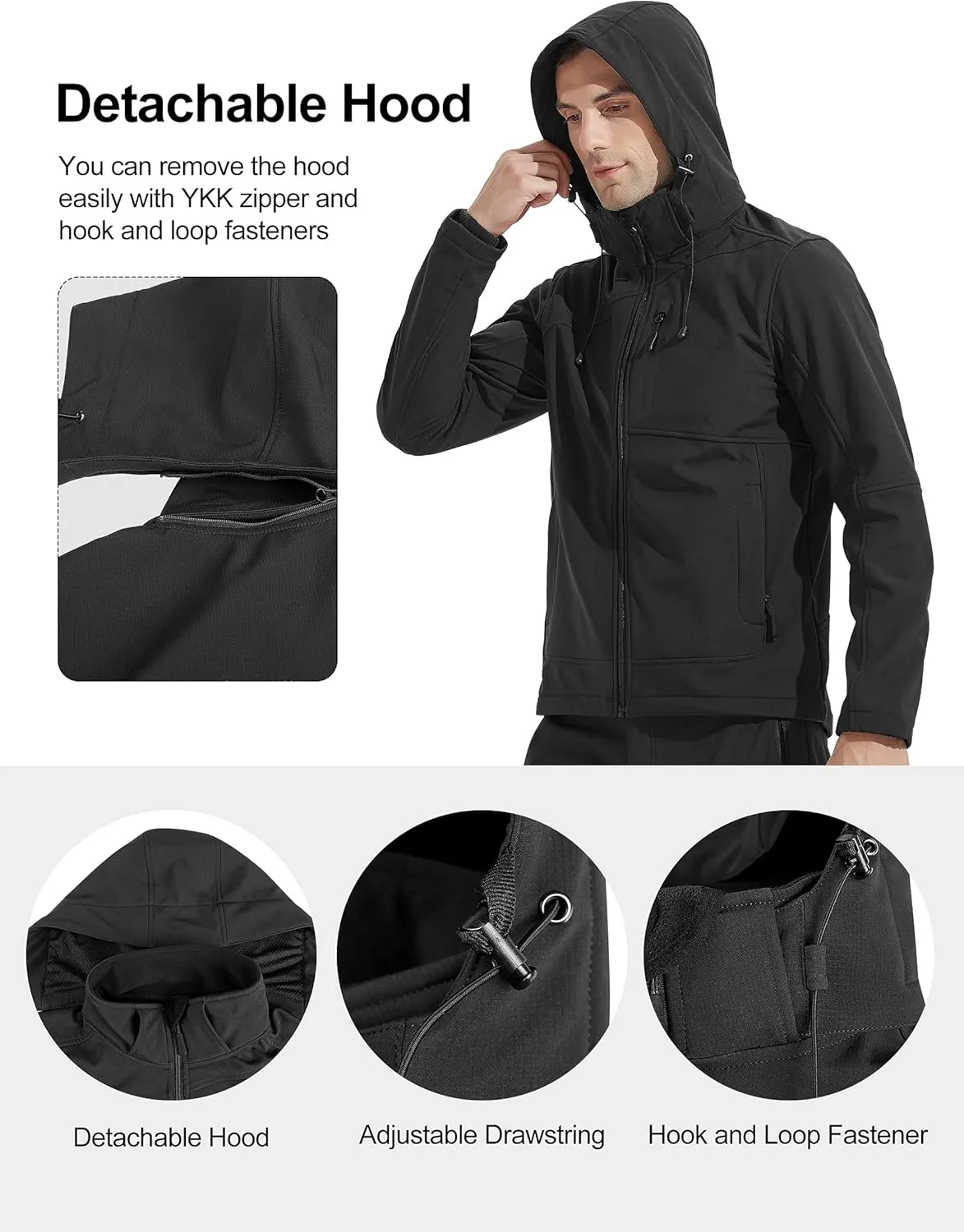 KUTOOK Men's Fleece Jacket Hiking Running Jackets Softshell Hooded Windbreaker Coat Windproof Water Resistant Outdoor