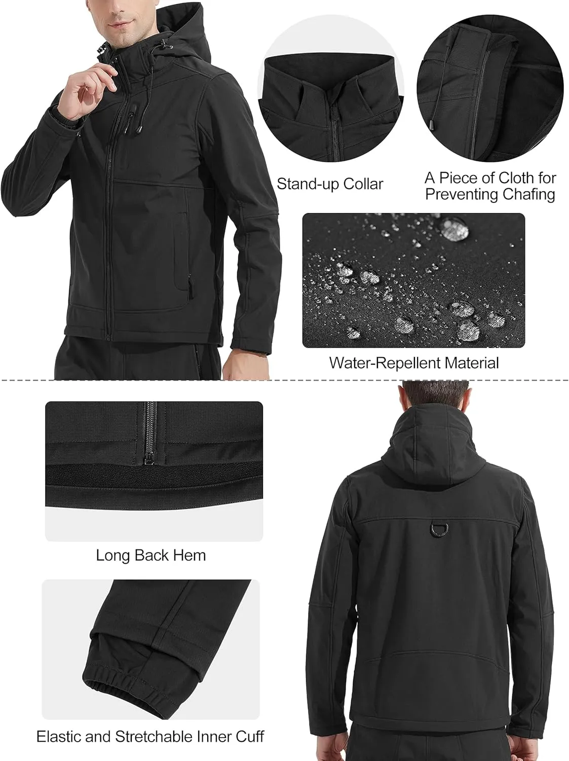 KUTOOK Men's Fleece Jacket Hiking Running Jackets Softshell Hooded Windbreaker Coat Windproof Water Resistant Outdoor