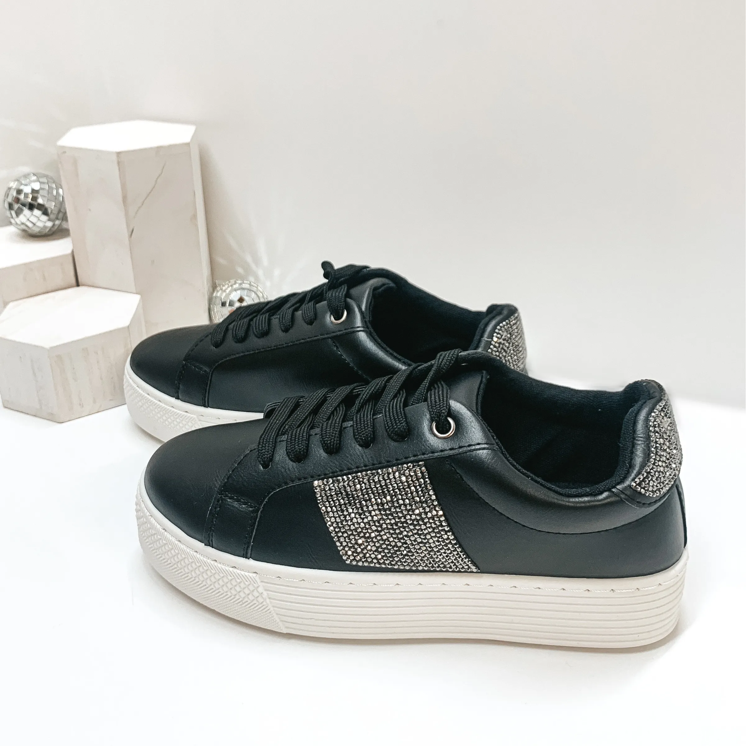 Last Chance Size 10 | Shining Chic Lace Up Crystal Embellished Platform Sneakers in Black