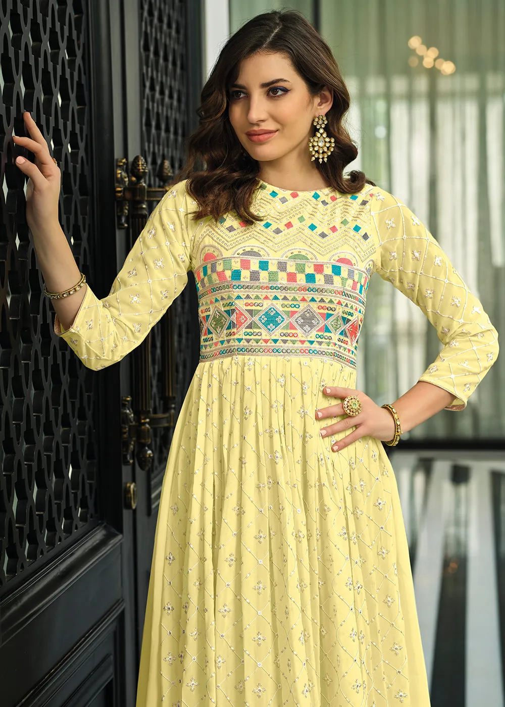 Lime Yellow Trendy Georgette Embellished Anarkali Suit