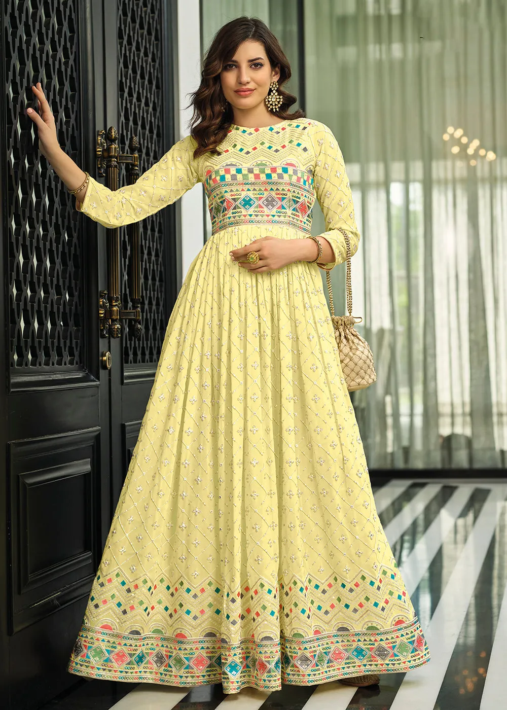 Lime Yellow Trendy Georgette Embellished Anarkali Suit