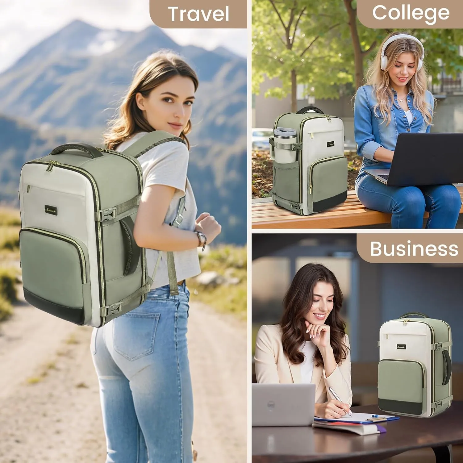 LOVEVOOK Travel Backpack for Women,40L Carry On Backpack Flight Approved,TSA Personal Item Travel Bag Fits 17.3" Laptop with 3 Packing Cubes,Large Waterproof Bag,Light Green and beige and olive Green