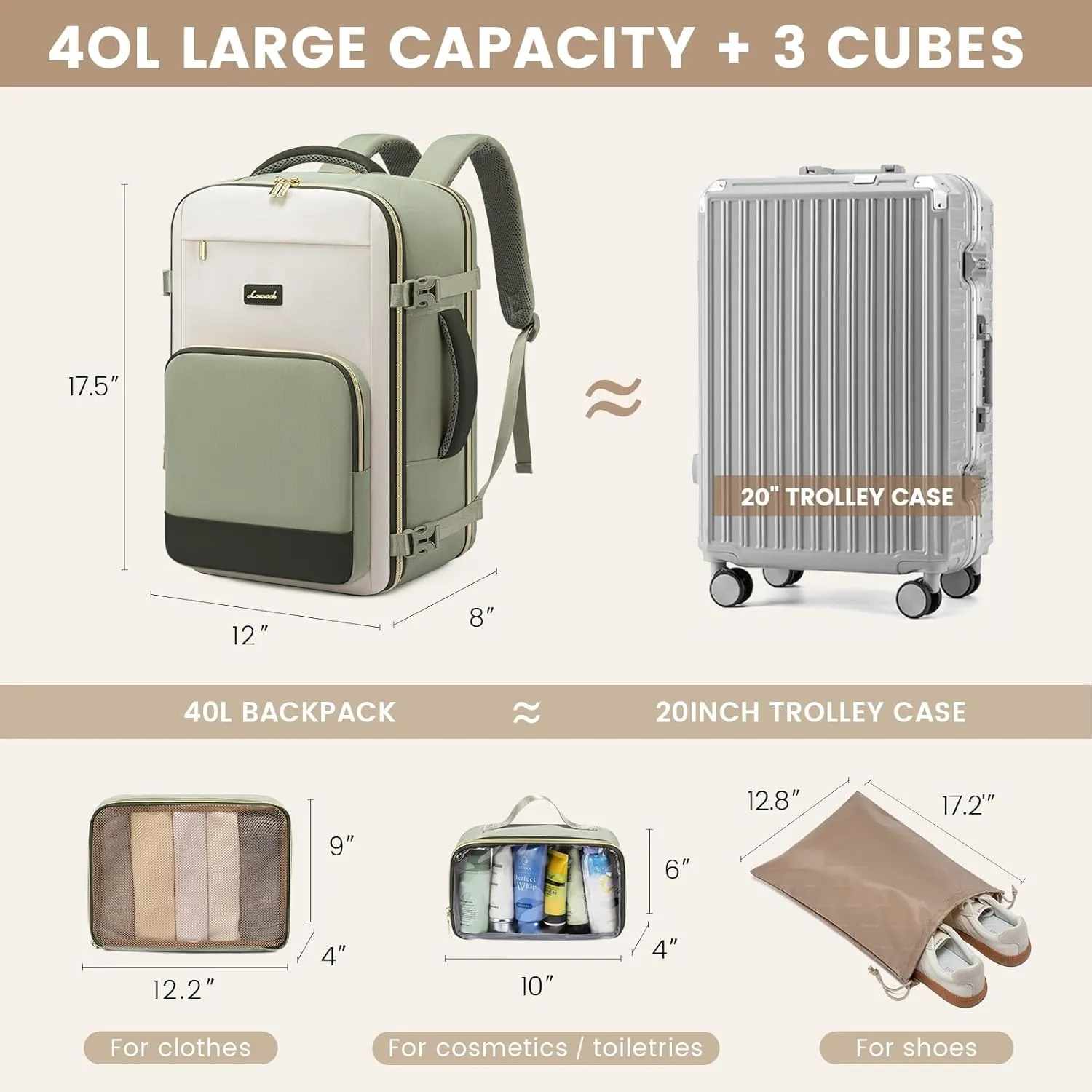 LOVEVOOK Travel Backpack for Women,40L Carry On Backpack Flight Approved,TSA Personal Item Travel Bag Fits 17.3" Laptop with 3 Packing Cubes,Large Waterproof Bag,Light Green and beige and olive Green