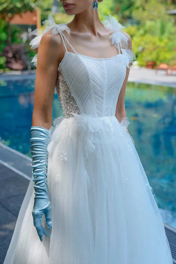 Luolandi A simple wedding dress with thin shoulder straps beads Floor Length Without gloves