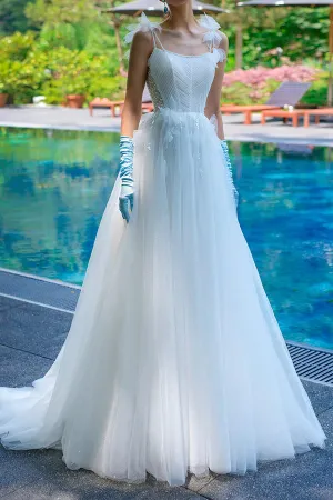 Luolandi A simple wedding dress with thin shoulder straps beads Floor Length Without gloves