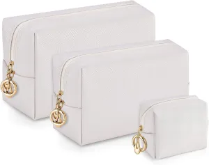Makeup Bag for Purse, 3 Piece Small Makeup Bag Set, Leather Cosmetic Bag for Girls Women Travel Small Toiletry Bags Makeup Pouch with Ring Clip(Beige, 4''-8'')