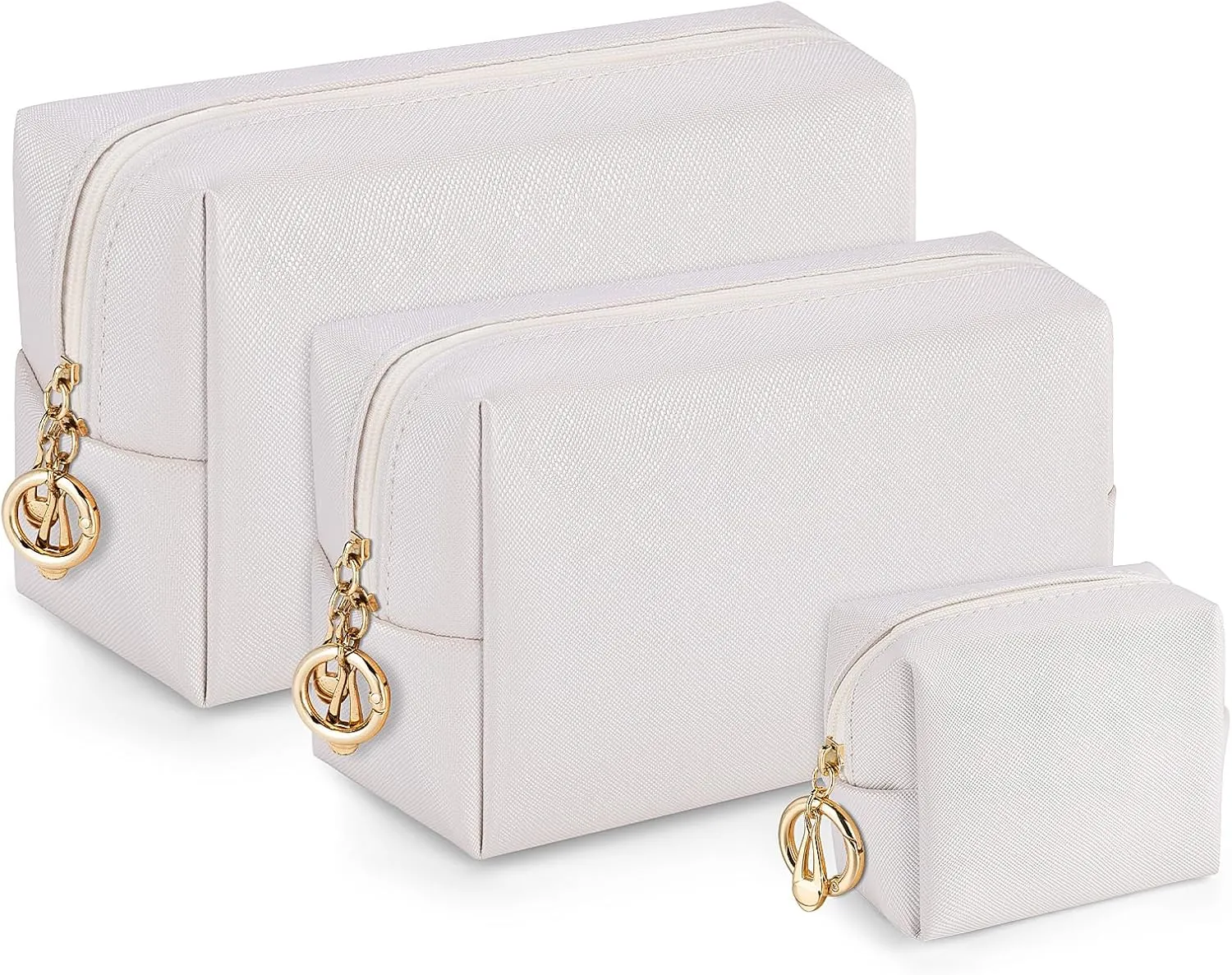 Makeup Bag for Purse, 3 Piece Small Makeup Bag Set, Leather Cosmetic Bag for Girls Women Travel Small Toiletry Bags Makeup Pouch with Ring Clip(Beige, 4''-8'')